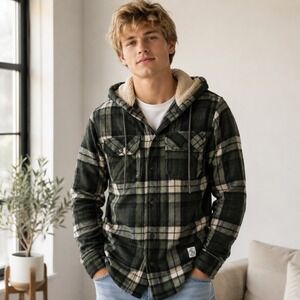 Aéropostale Sherpa Button - Front Lined Plaid Flannel Hoodie Jacket S